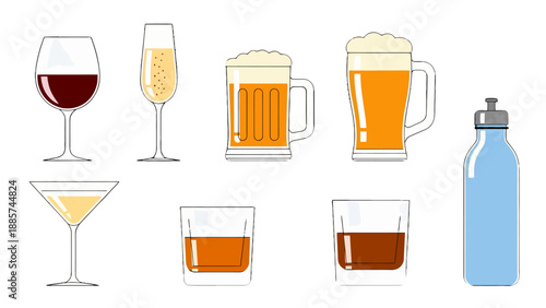 Assortment of colorful drink glasses and bottle red wine champagne foamy beer martini whiskey and blue water.
