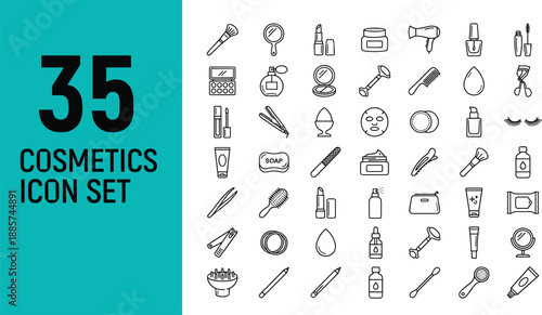Cosmetics and beauty line icons set featuring makeup tools skincare products and hair styling symbols for fashion vector illustration
