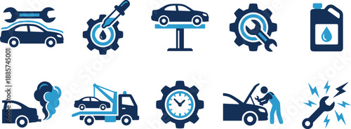 Car repair service and auto maintenance icons set featuring mechanic oil change towing and garage tools vector illustration