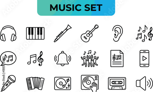 Music and audio technology line icons set featuring instruments headphones and sound symbols for entertainment media vector illustration