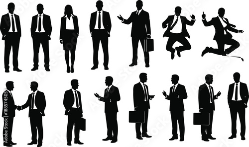 Business people silhouette collection showing professional men and women in various corporate poses, teamwork, leadership, success concepts illustration