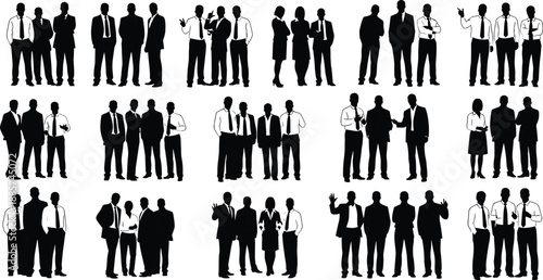 Business people silhouettes collection showing corporate teams communicating and collaborating in professional meetings isolated on white background for teamwork leadership concepts