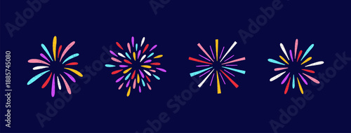 Crayon colorful fireworks set. Hand drawn sketches of whimsical sparkles, firecracker, confetti, magical bursts. Childish chalk or pencil drawings for birthday, party, carnival. Vector, dark bg