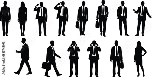 Business people silhouettes collection showing professional men and women walking, standing, gesturing, and carrying briefcases in modern corporate workplace concepts