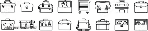 Toolbox and tool bag line icons set including construction storage chests and mechanic equipment organizers for repair vector illustration
