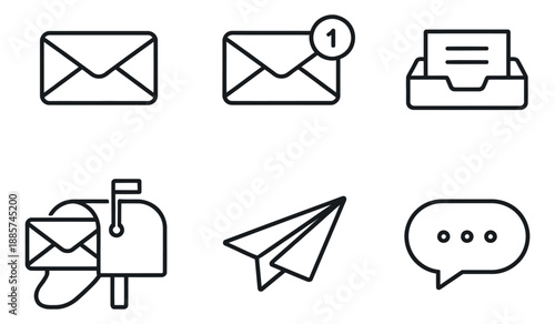 Line art communication icons set featuring envelopes, a mailbox, paper plane, and speech bubble for digital messaging