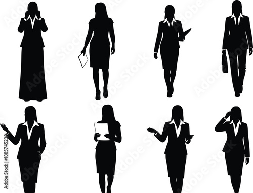 Businesswomen silhouettes collection showing professional female executives walking, talking, presenting documents, and communicating confidently in modern corporate workplace roles