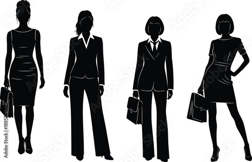 Businesswomen silhouettes collection showing professional female executives standing with briefcases, corporate fashion, confidence, leadership, and career success concepts isolated