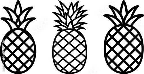 Hand drawn vector illustration of a fresh ripe pineapple fruit with green leaves isolated on white background as a healthy organic tropical food object