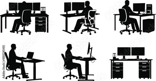 Office worker silhouettes collection showing professional people working at computer desks, modern corporate workspace productivity and business technology concepts isolated