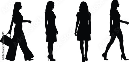 Women silhouettes collection showing female figures walking and standing in side and rear views, elegant fashion poses isolated on white background