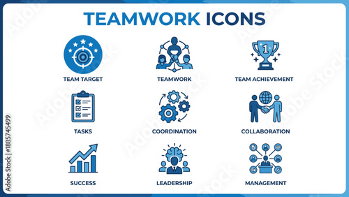 Business teamwork and management icons set featuring leadership collaboration success target and coordination symbols for corporate strategy vector illustration