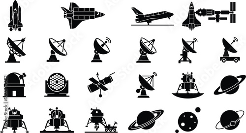 Space exploration and astronomy silhouette icons set featuring space shuttle satellite dish telescope and planets for science vector illustration