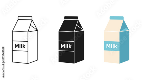 Three milk carton designs in black white and blue on white background