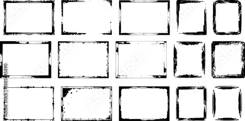 Set of vintage grunge frames and distressed vector textures featuring black ink paint borders and dirty paper elements for a rough decorative design background illustration