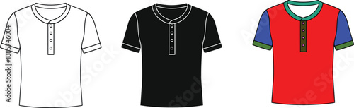 Henley shirt mockups displaying button placket design in outline solid and color versions