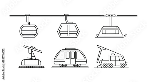 Transportation Icons in a Row: A collection of detailed line art icons showcasing various forms of transportation. The icons are meticulously crafted, depicting the essence of each vehicle