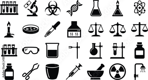 Science and chemistry laboratory equipment icons set featuring microscope test tubes dna atom and biohazard symbols for education vector illustration