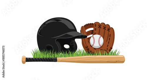 Essential baseball equipment, including a sturdy bat, worn glove, classic ball, and protective helmet, perfectly arranged on vibrant green grass, ready for the game.