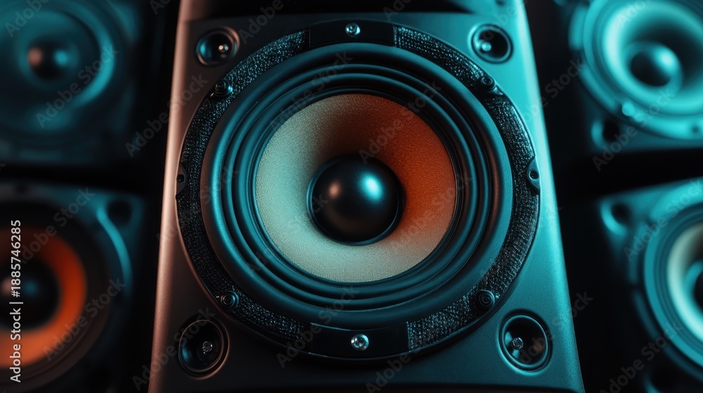 Fototapeta premium A detailed close-up of a black speaker, emphasizing the design and sound mechanism, represents the love for music and audio, inviting a deeper appreciation for sound quality.