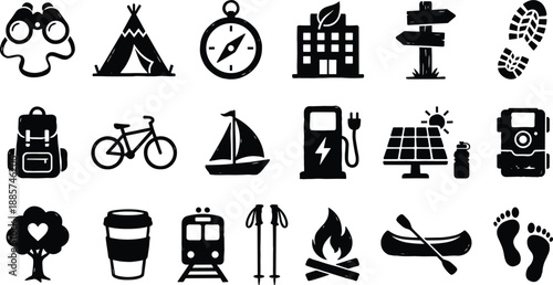 Eco tourism and outdoor adventure icons set featuring camping hiking nature travel and sustainable living symbols vector illustration
