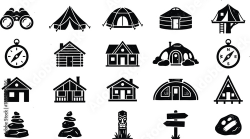 Glamping and camping icons set featuring wooden cabin tent yurt treehouse and outdoor lodging symbols for nature travel vector illustration