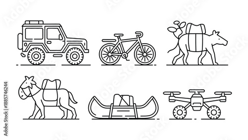 Transportation Options: An array of transportation options, including a rugged vehicle, bicycle, camel, donkey, boat, and drone, all rendered in a clean, minimalist style.