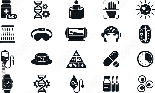 Biohacking and longevity icons set featuring NAD supplements cryotherapy red light therapy and gene editing for health optimization vector illustration