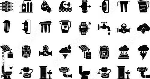 Water filtration and treatment icons set including reverse osmosis rainwater harvesting and sewage system for eco friendly plumbing vector illustration