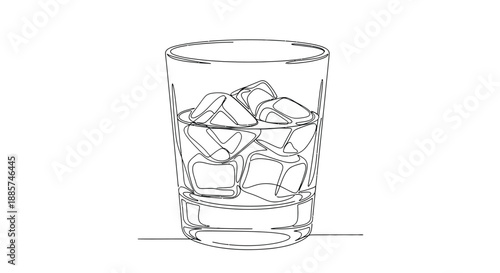 A tall clear glass filled with ice cubes and a refreshing beverage depicted in a simple line art sketch style