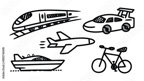 Diverse Transport Sketches: A collection of various transportation modes artfully sketched, representing travel and movement across different environments.