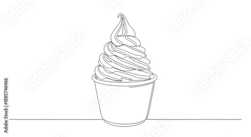 Simple hand drawn continuous line art illustration of a tall soft serve ice cream cone with swirling texture on a white background