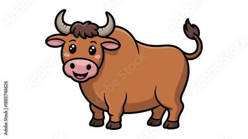Cute Cartoon Ox: Charming illustration of a cheerful ox with a playful grin, capturing the gentle spirit and strength in a delightful, animated style.