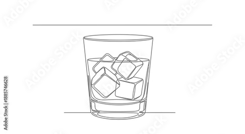 Simple line drawing of a tall glass filled with ice cubes and a refreshing beverage on a white background