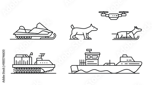 Arctic Transportation: A minimalist depiction of diverse modes of transport for arctic environments, featuring a snowmobile, drone, dogsled, and ship.