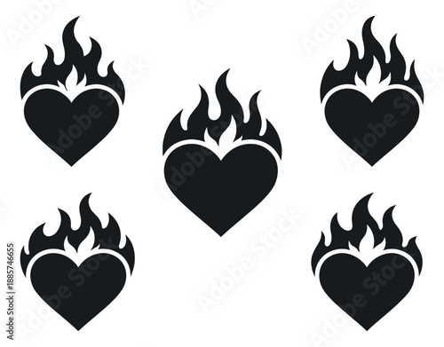 Stylized heart icons set featuring flames for expressing passion and love