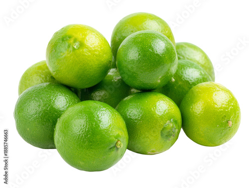 A bunch of fresh green limes stacked up and arranged in a pile. The fruits appear ripe and juicy Isolated Transparent Background, PNG