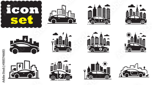 Electric Car City Icon Set, Editable Solid Vector Illustration