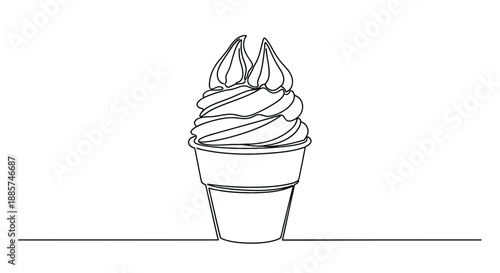 Minimalist black and white line art drawing of a delicious soft serve ice cream cone with swirled topping on a simple white background