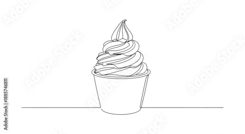 Minimalist continuous line drawing of a delicious soft serve ice cream cone with chocolate drizzle against a clean white background