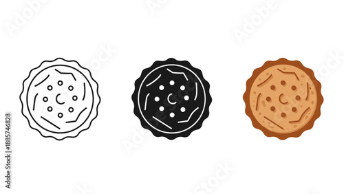 Three cookies line up in black and white and color on white background