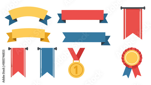 Colorful Flat Design Award Ribbons Banners Gold Medal and Rosette Collection.