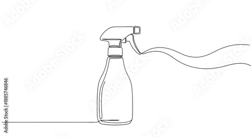 Minimalist single line drawing of a spray bottle with a wavy stream of liquid or vapor emanating from the nozzle clean design
