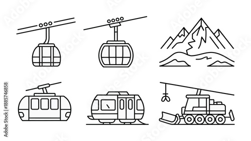 Mountain Transport Icons: A set of detailed line art icons showcasing various modes of mountain transportation.