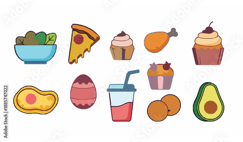 Playful cute food line icon vector set isolated
