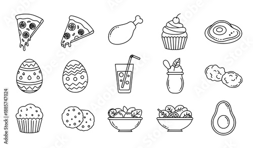 Cute cartoon food outline icon vector collection