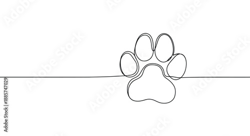 Minimalist single line drawing of a dog paw print on a clean white background representing pet love and companionship