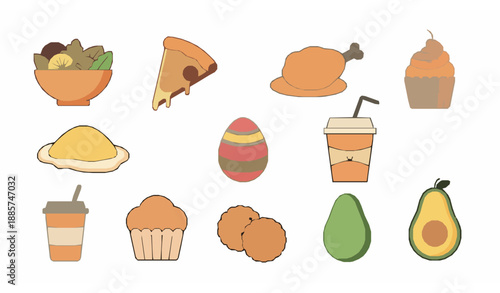 Cute food line icons flat cartoon vector set