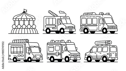 Vehicular Array: A captivating assortment of various vehicles and attractions, from a carousel to essential service automobiles.