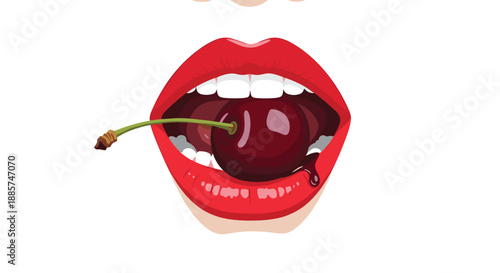 Sensual open mouth with glossy red lips holding a ripe, juicy cherry, evoking temptation, sweetness, and a playful, alluring feminine expression.